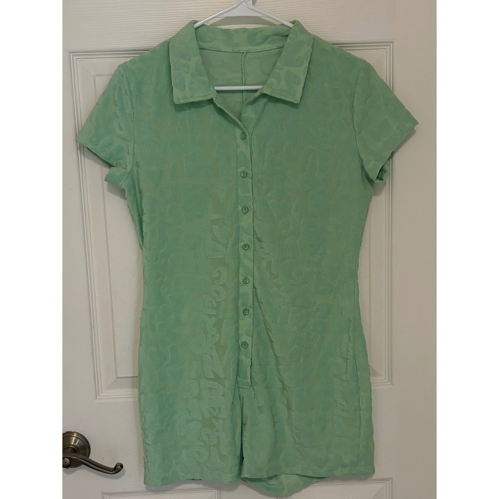 Women's XL Mint Green Textured Button Front Collared Romper Short Sleeve